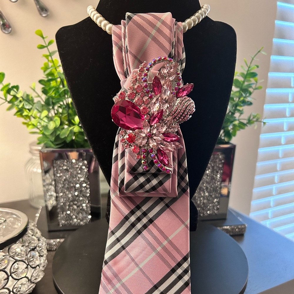 Pink Plaid Necktie with Floral Crystal Brooch